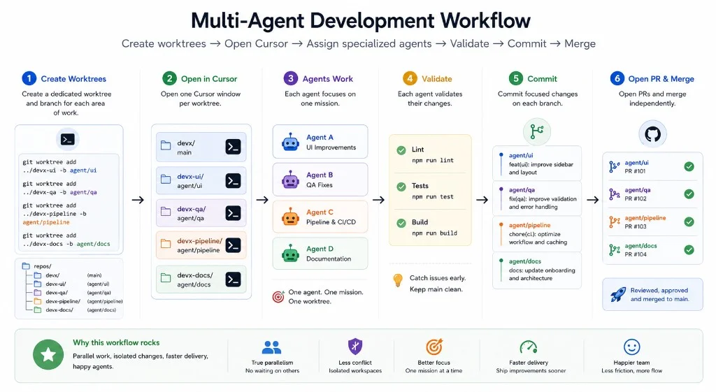 Flux multi-agents : créer des worktrees, ouvrir Cursor, assigner les agents, valider, committer, fusionner