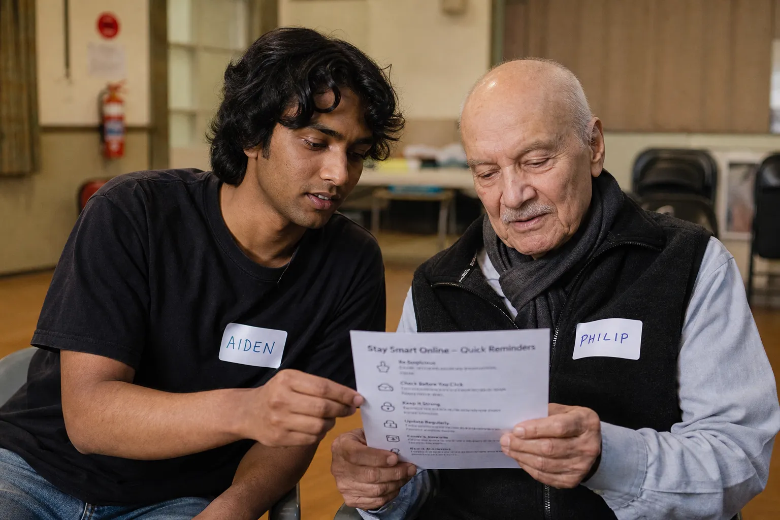 A young actor and an older participant look at a reminder sheet together