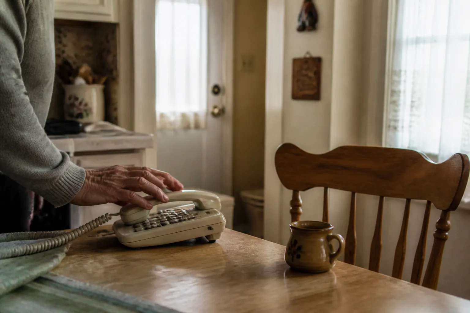 A phone on a kitchen table: an unexpected call has just come in
