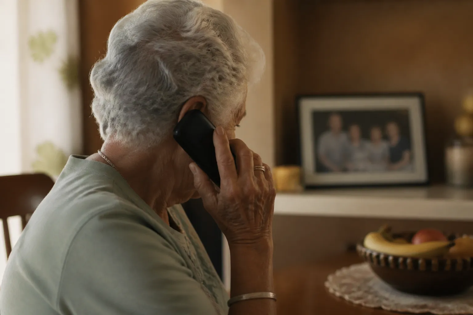 An older adult on the phone, a family photo in the background