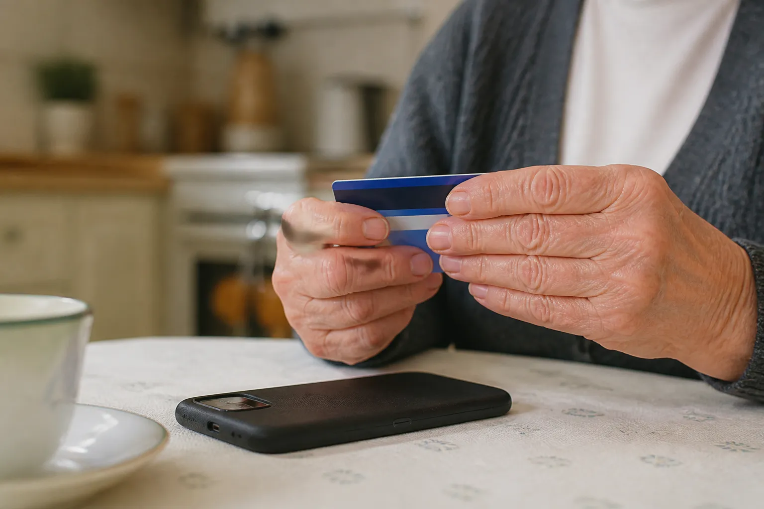 An older adult on the phone with a call that seems to come from the bank