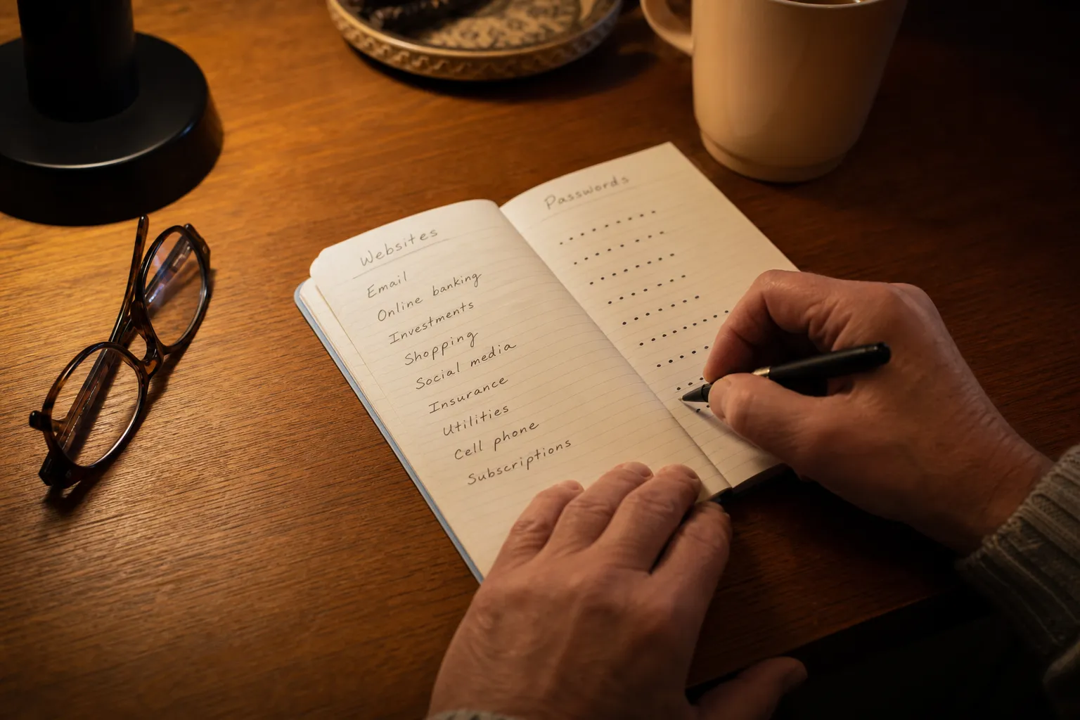 A notebook and glasses near a keyboard: personal access to protect