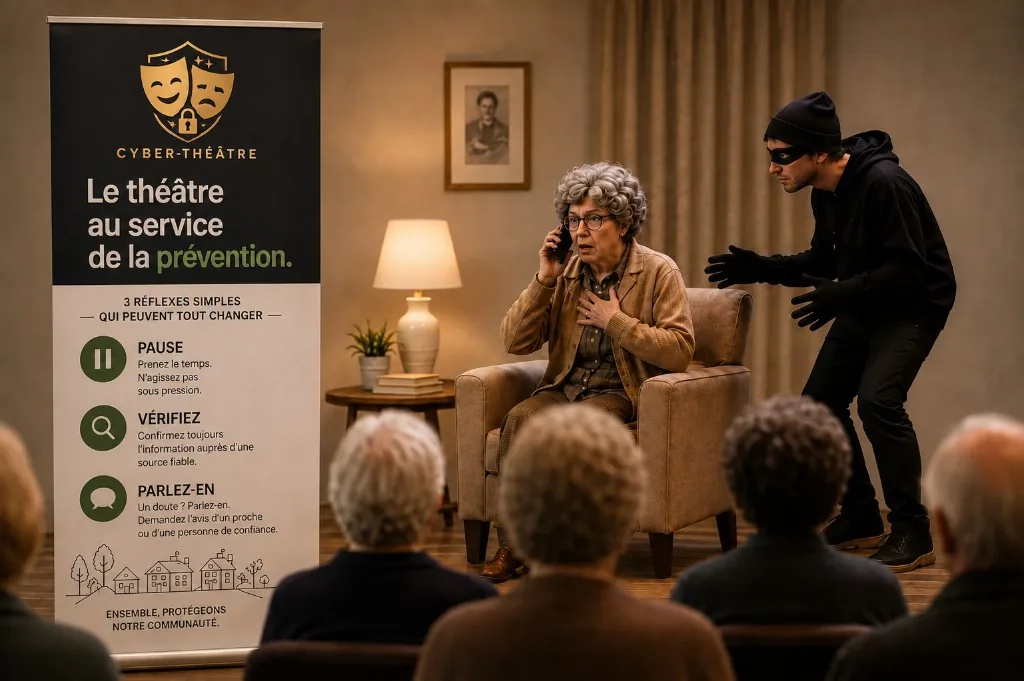 Audience in the foreground watching a Cyber Theatre scene: an older woman on the phone in an armchair, a masked figure behind her, and the banner with the 3 reflexes