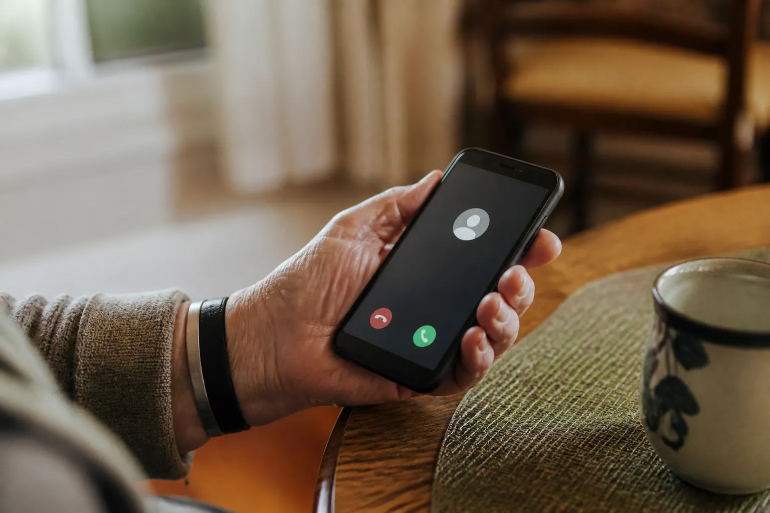 An older hand holding a ringing phone on a kitchen table